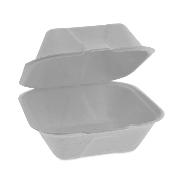 Pactiv Bagasse Hinged Lid Container, 5.8 x 5.8 x 3.3, 1-Comp, Natural, PK500 YMCH00800001